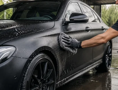 A person in a black glove uses a soapy microfiber wash mitt to clean the side of a matte black sedan.